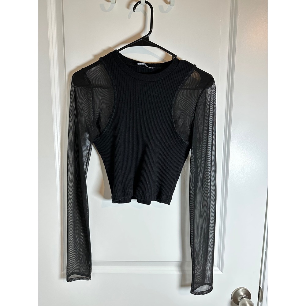 Zara Black Ribbed Mesh Long Sleeve Crop Top Womens M